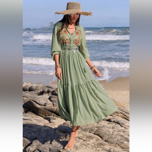 Boho mint greenfloral print embroidered polka dot long sleeve dress